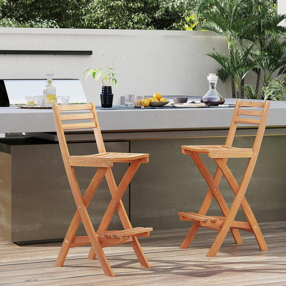 Tangkula Patio Folding Barstool Set of 2, Outdoor Portable High Top Acacia Wo...