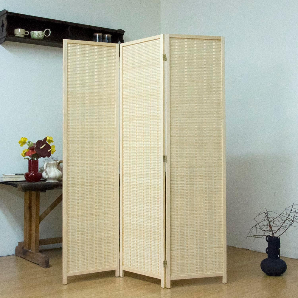 3-Panel Bamboo Room Divider - 5.6 ft Tall Beige Folding Privacy Screen, Doubl...