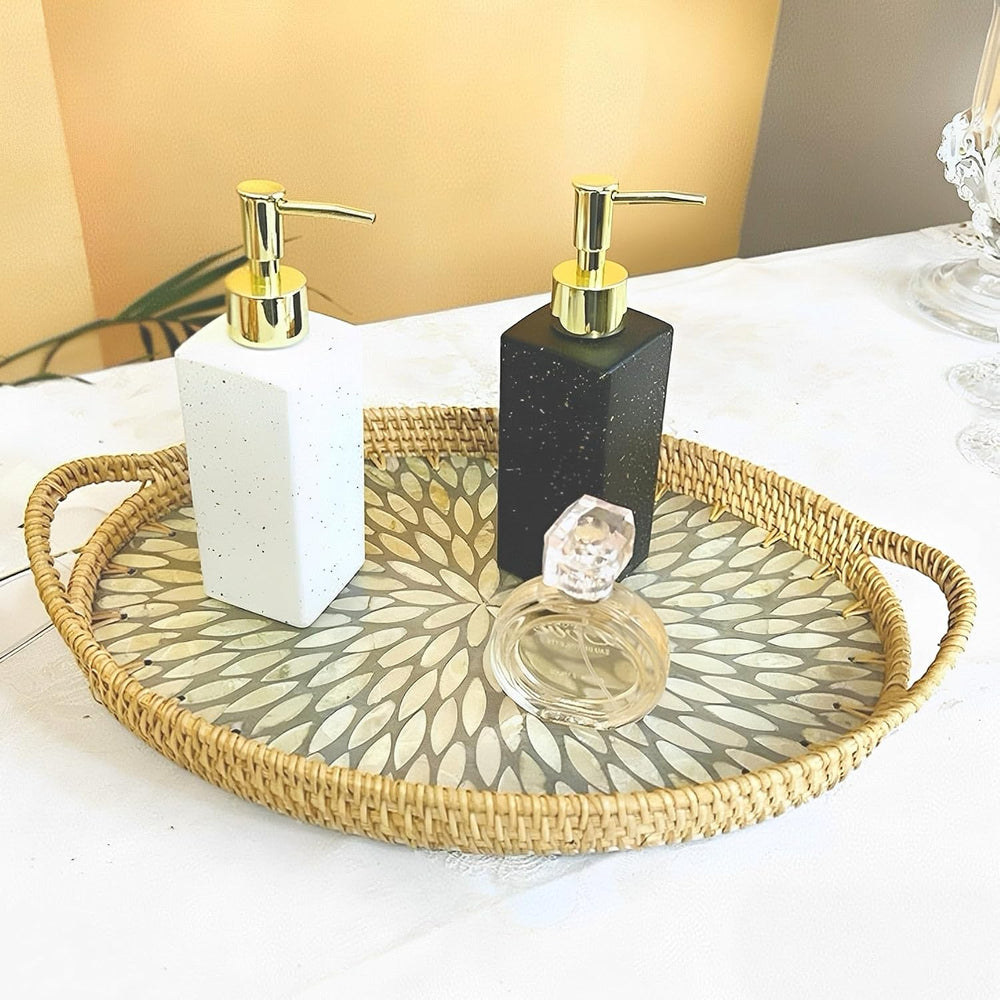 I-LAN 15 Inch Oval Rattan Woven Tray Basket with Beige MOP Wooden Base and Ha...