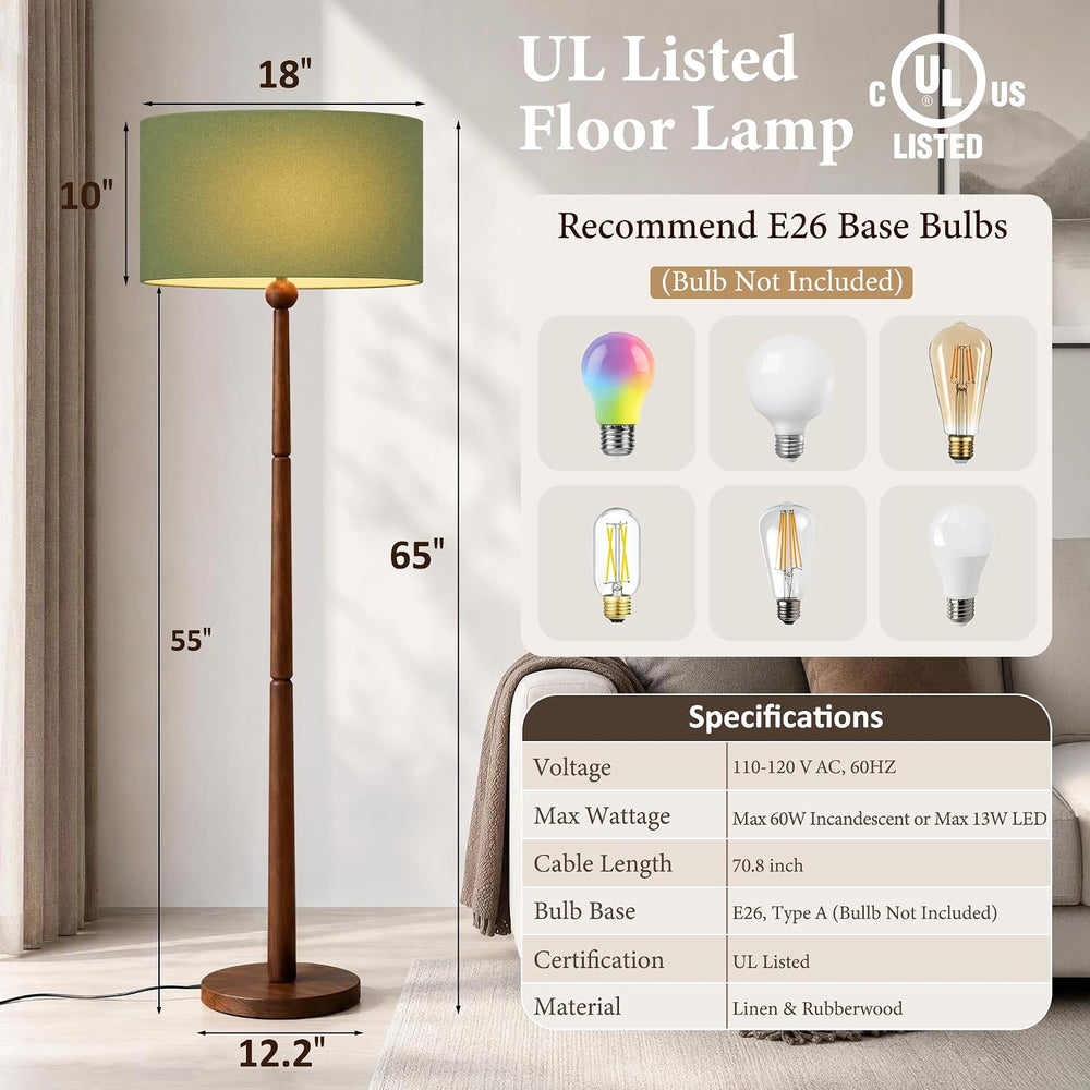 Buruis 65 Inch Single Ball Walnut Wood Floor Lamp with Linen Shade, Green