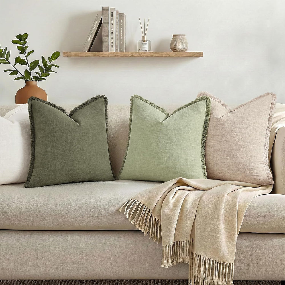 decorUhome Linen Fringe Sage Green Throw Pillow Covers 20x20 Set of 2