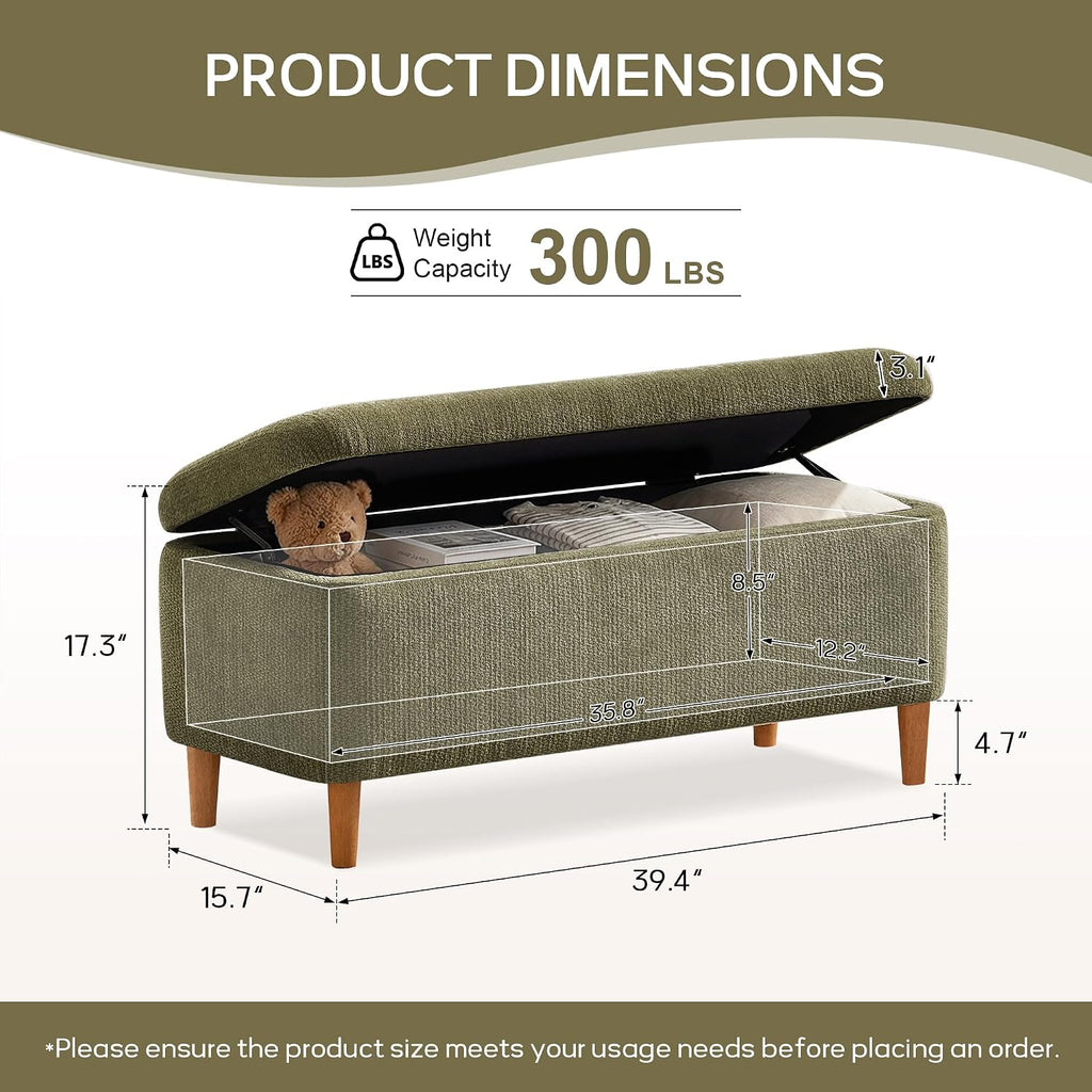 39.4”Ottoman with Storage Set of 2,Upholstered Comfy Storage Bench Ottoman with Wooden Legs,End of Bed Bench Footstool for Hallway Entryway Bedroom Living Room Corner Green