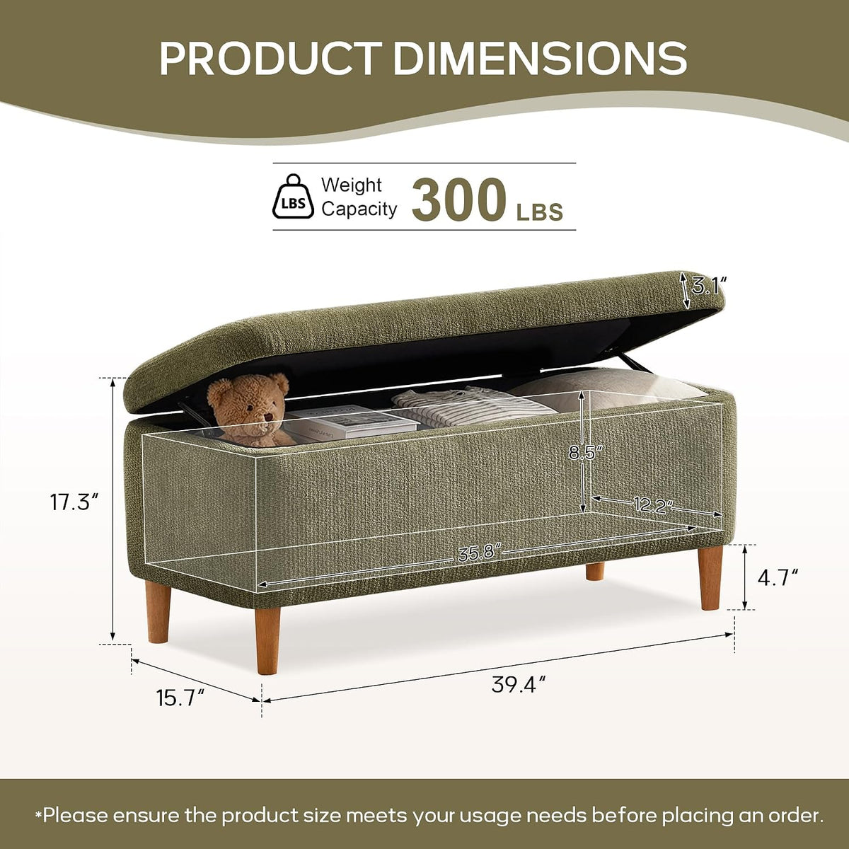 39.4”Ottoman with Storage Set of 2,Upholstered Comfy Storage Bench Ottoman with Wooden Legs,End of Bed Bench Footstool for Hallway Entryway Bedroom Living Room Corner Green
