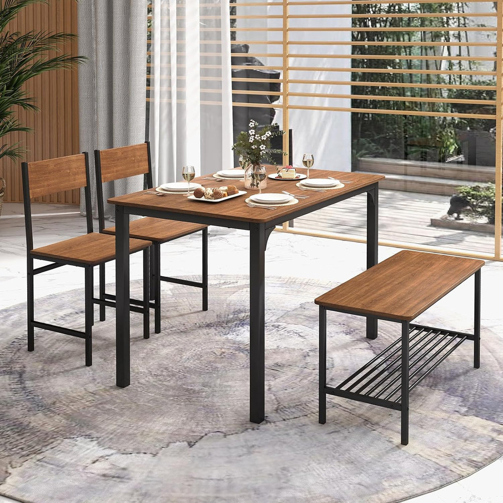COSTWAY Dining Table Set for 4 w/Bench & 2 Chairs, Storage Racks, Brown