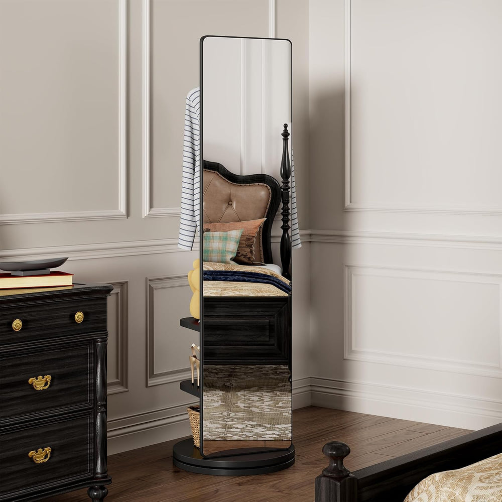 66" 360° Rotating Full Length Mirror with Hooks & Storage Coat Rack