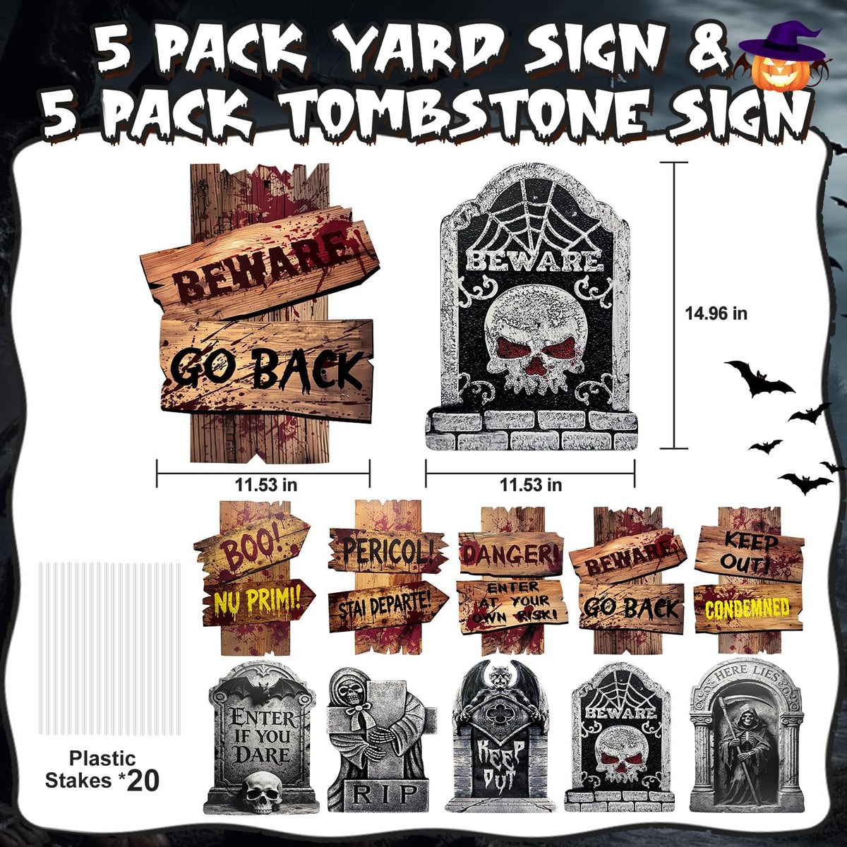 Halloween Decorations Outdoor, 10 Pack Realistic Corrugated Plastic Tombstones and Scary Decorative Signage with Stakes, Scary Lawn Decor for Vampire Graves, Garden (14.9"x11.5") Garden Pedestals