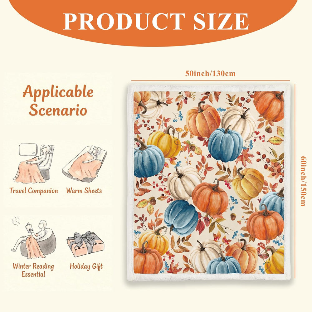 Fall Pumpkins Throw Blanket, Autumn Orange White Blue Pumpkins Leaves and Ber...