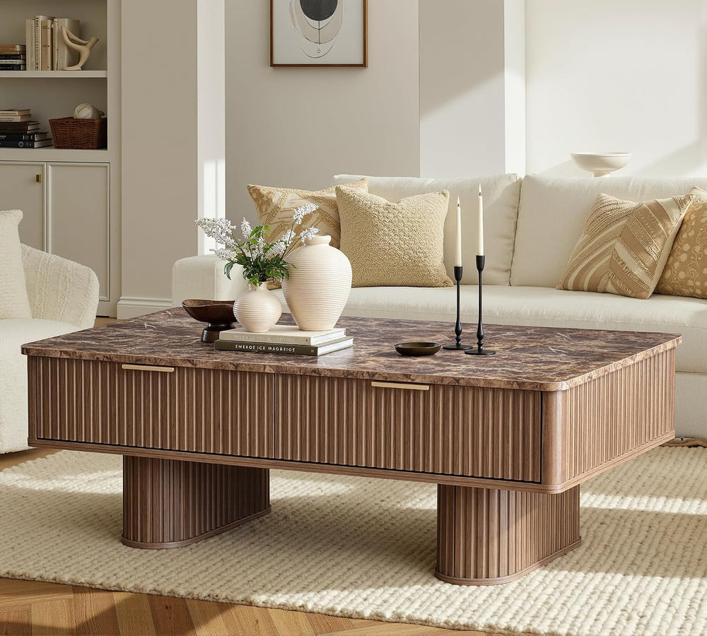 win2win Rectangle Coffee Table with Storage, Faux Marble Top, Walnut