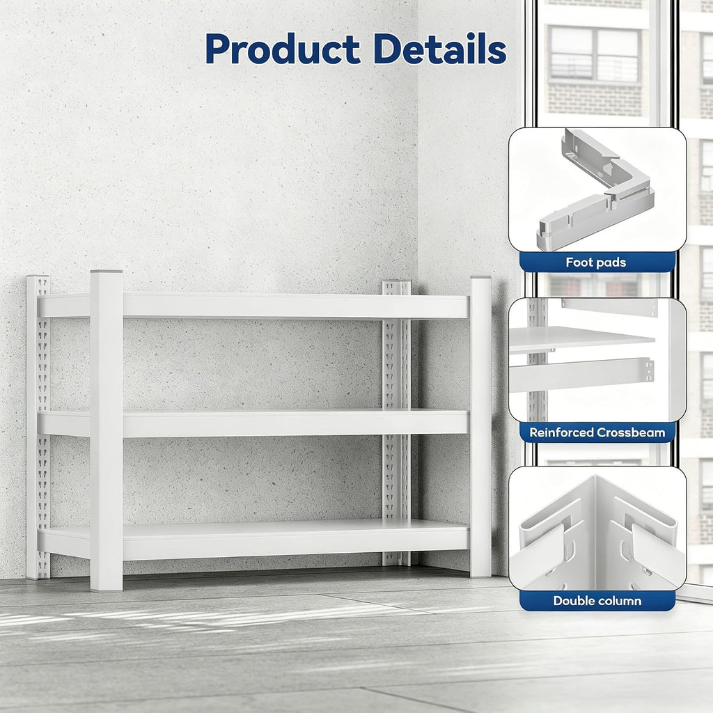 Wanfu Garage Shelving, 36" H x 36" W x 16" D Metal Storage Shelves-3 Tier Shelving Unit, Adjustable Heavy Duty 3 Tier Shelf for Garage, Pantry, Kitchen, Basement-White