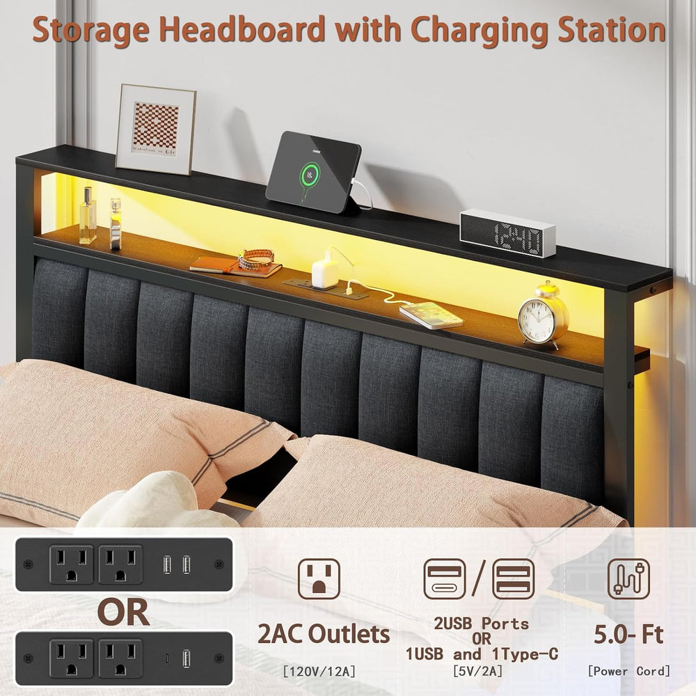 Furnulem Queen Size Bed Frame with Charging Station and LED Lights