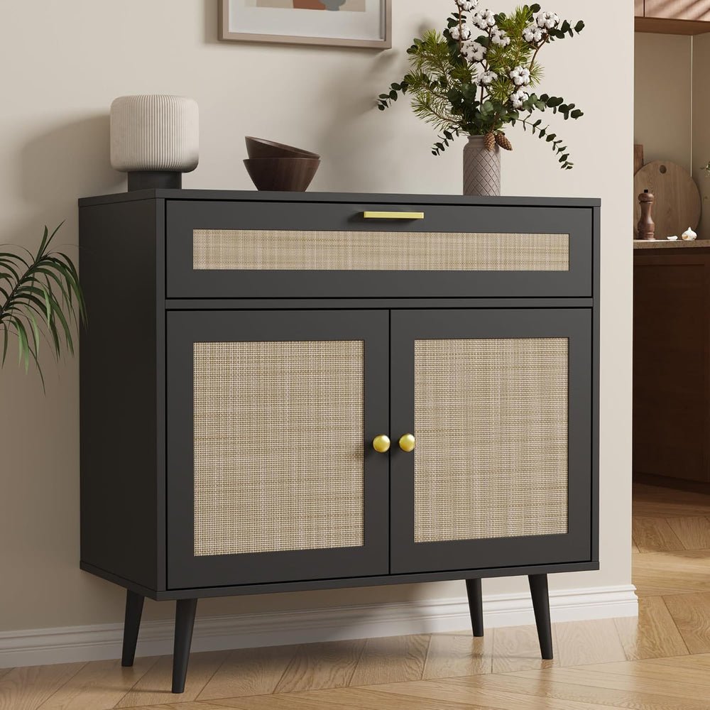 Furnify Rattan Sideboard Buffet, Boho Kitchen Cabinet with Drawer & 2 Doo...