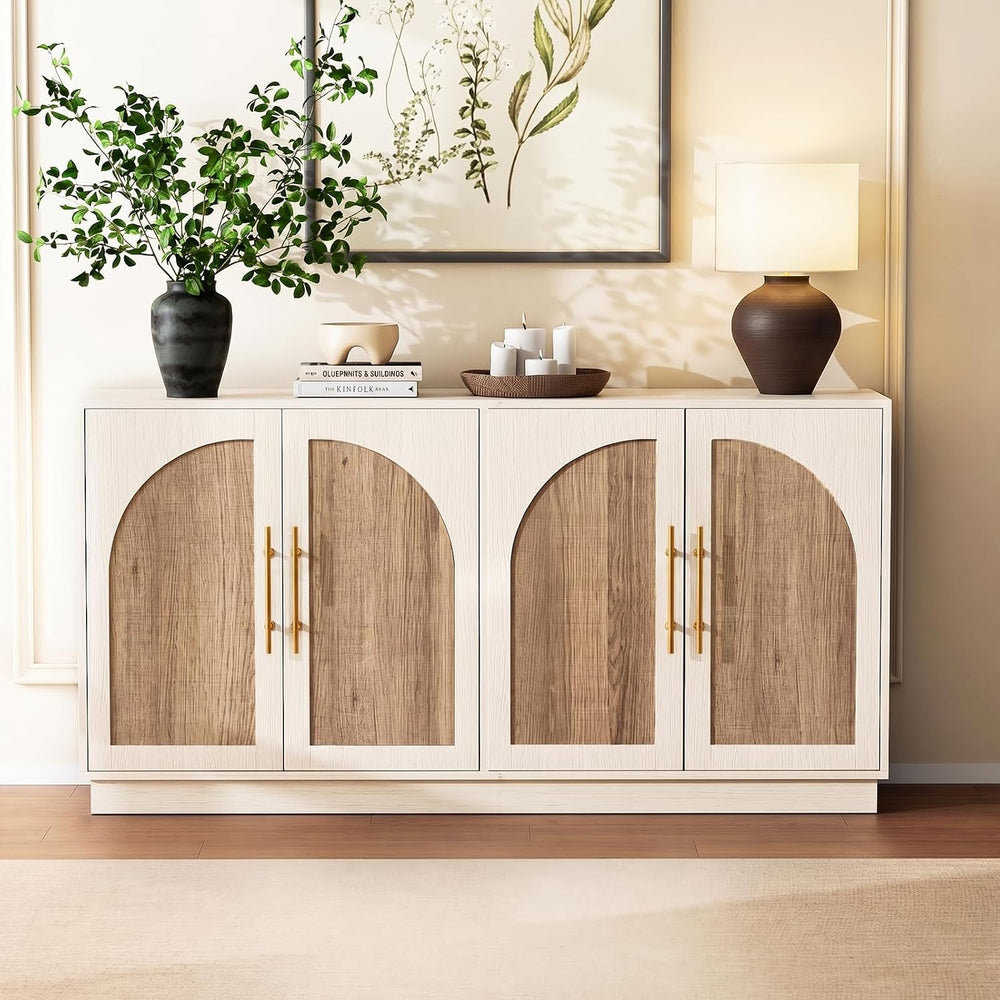 62'' Mid Century Modern Buffet Cabinet with Arch Doors, White and Nat...
