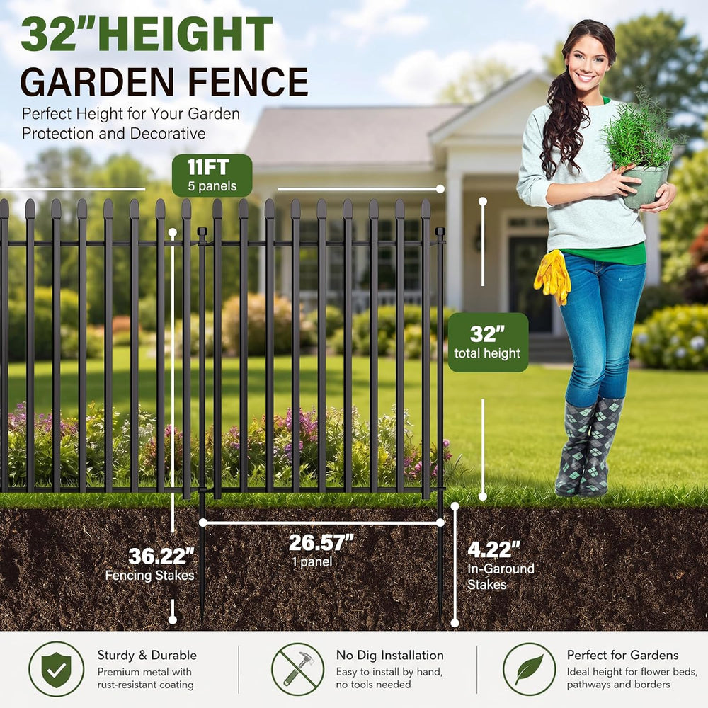 No Dig Decorative Garden Fence, 32in(H)×11ft(L), 5 Panels