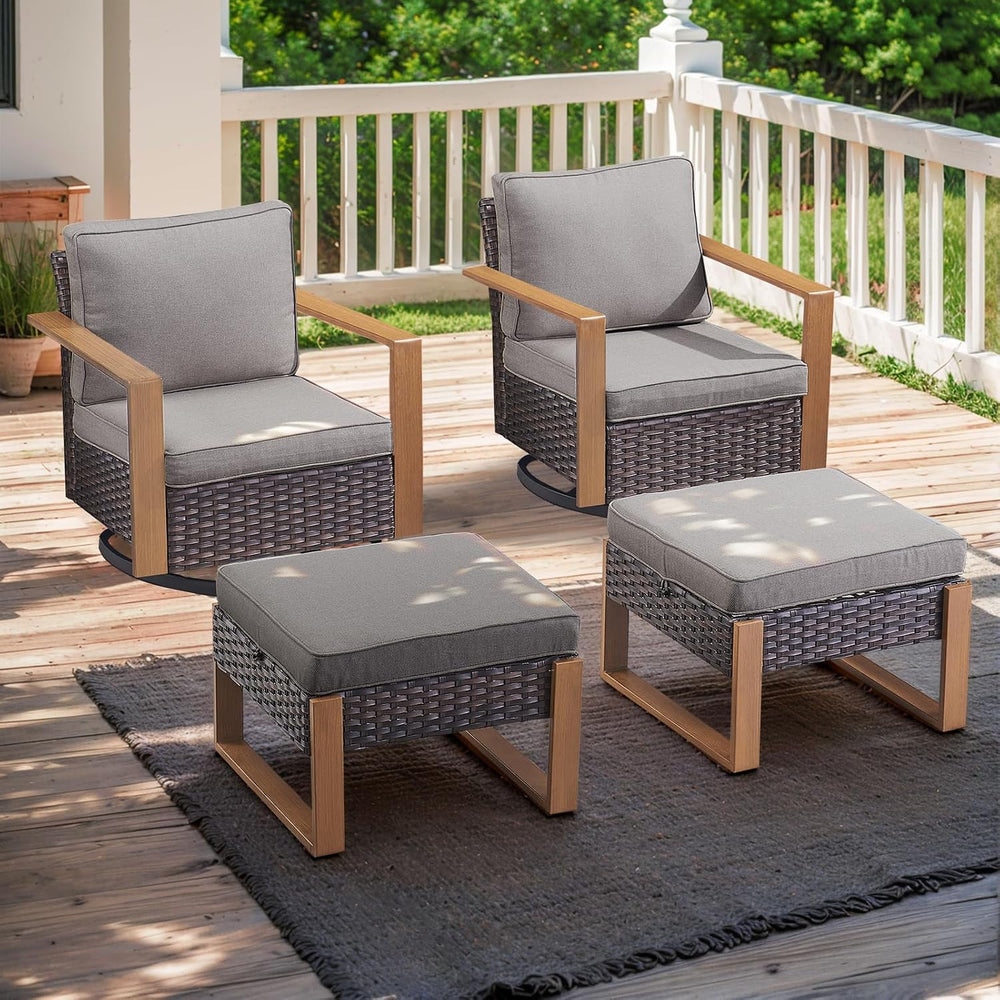 4 Pieces Outdoor Wicker Swivel Rocker Chairs with Ottoman, Grey Cushion