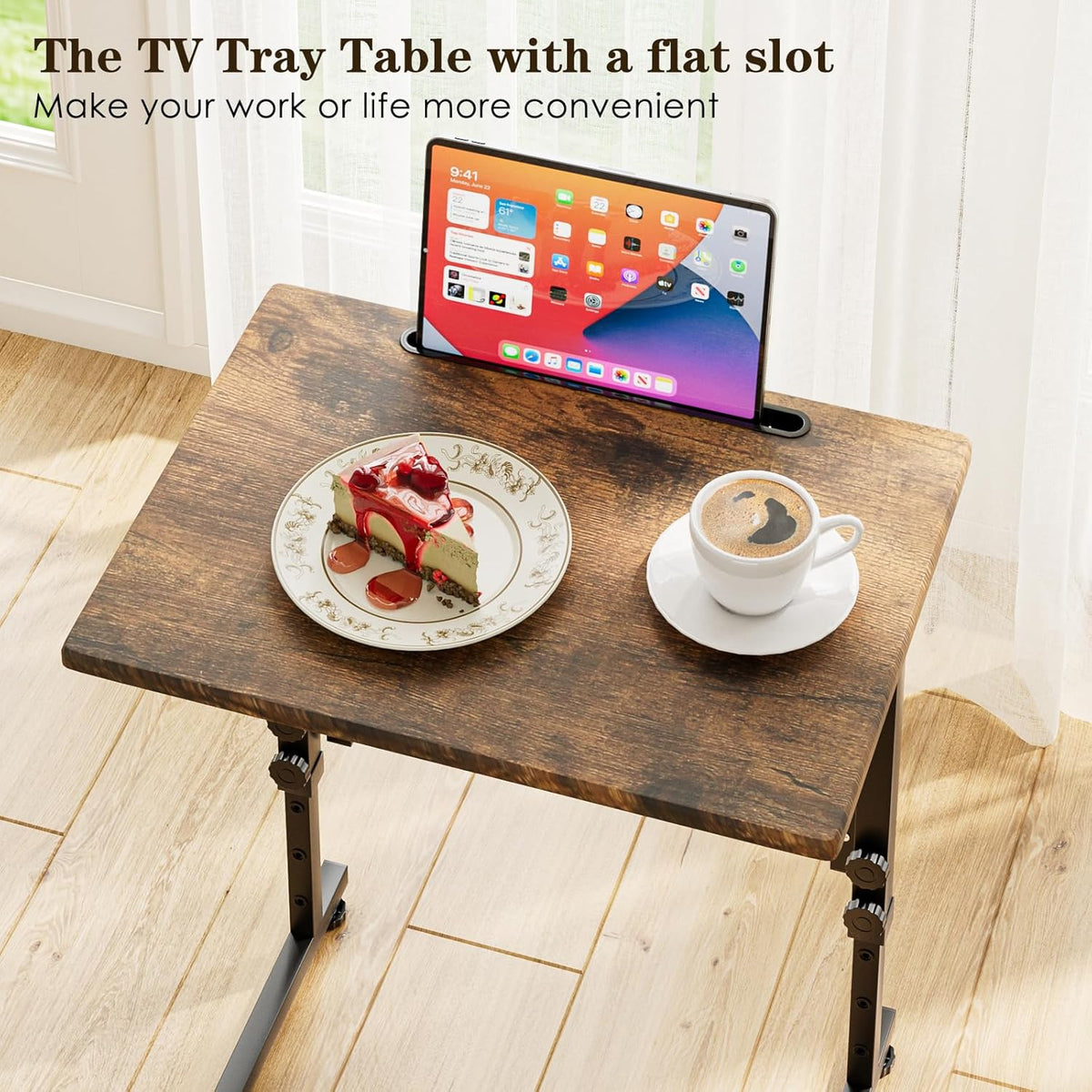 Adjustable Folding TV Tray Table,TV Dinner Small Foldable C-Shaped End Table for Eating,6 Height Adjustable Slide Under Couch Side with Sturdy MDF Top,No Assembly(Brown)