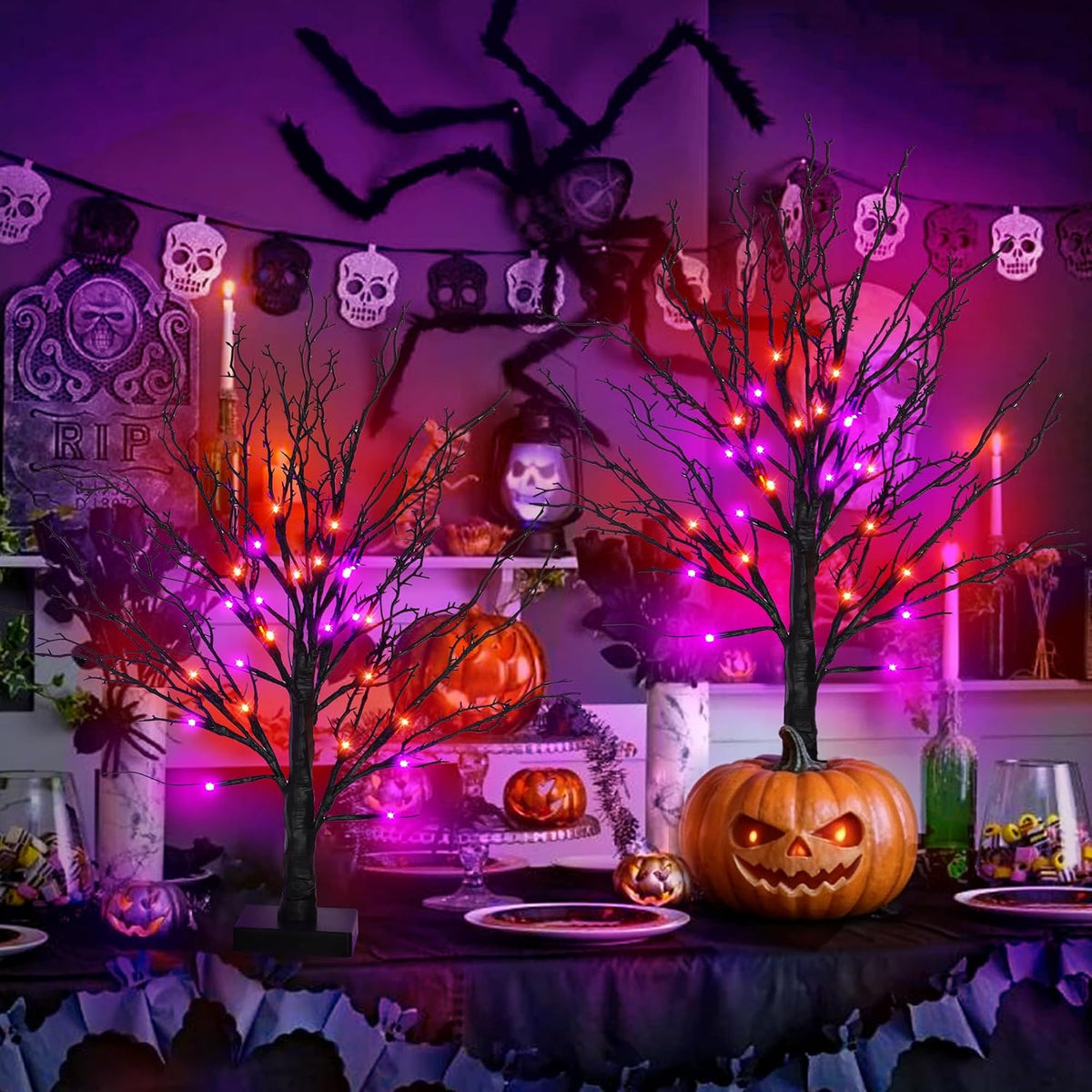 2 Pack 24 Inch Black Halloween Tree with 24 LED Orange Purple Lights, USB Battery Operated Halloween Table Decorations Tree Light with Timer, Scary Halloween Decorations Indoor for Home Party Decor