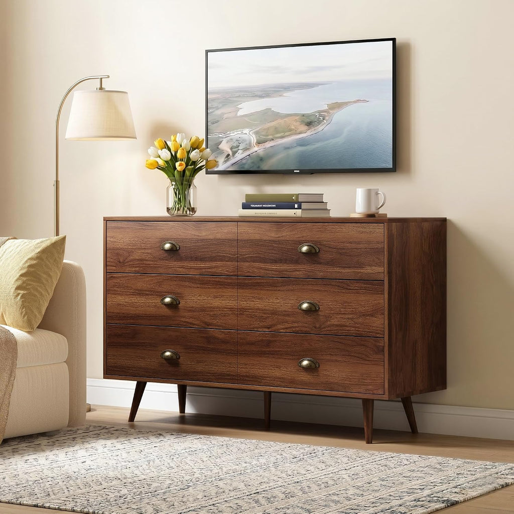 Walnut 6 Drawer Dresser for Bedroom, 47" Wood Dresser with Gold Handles.