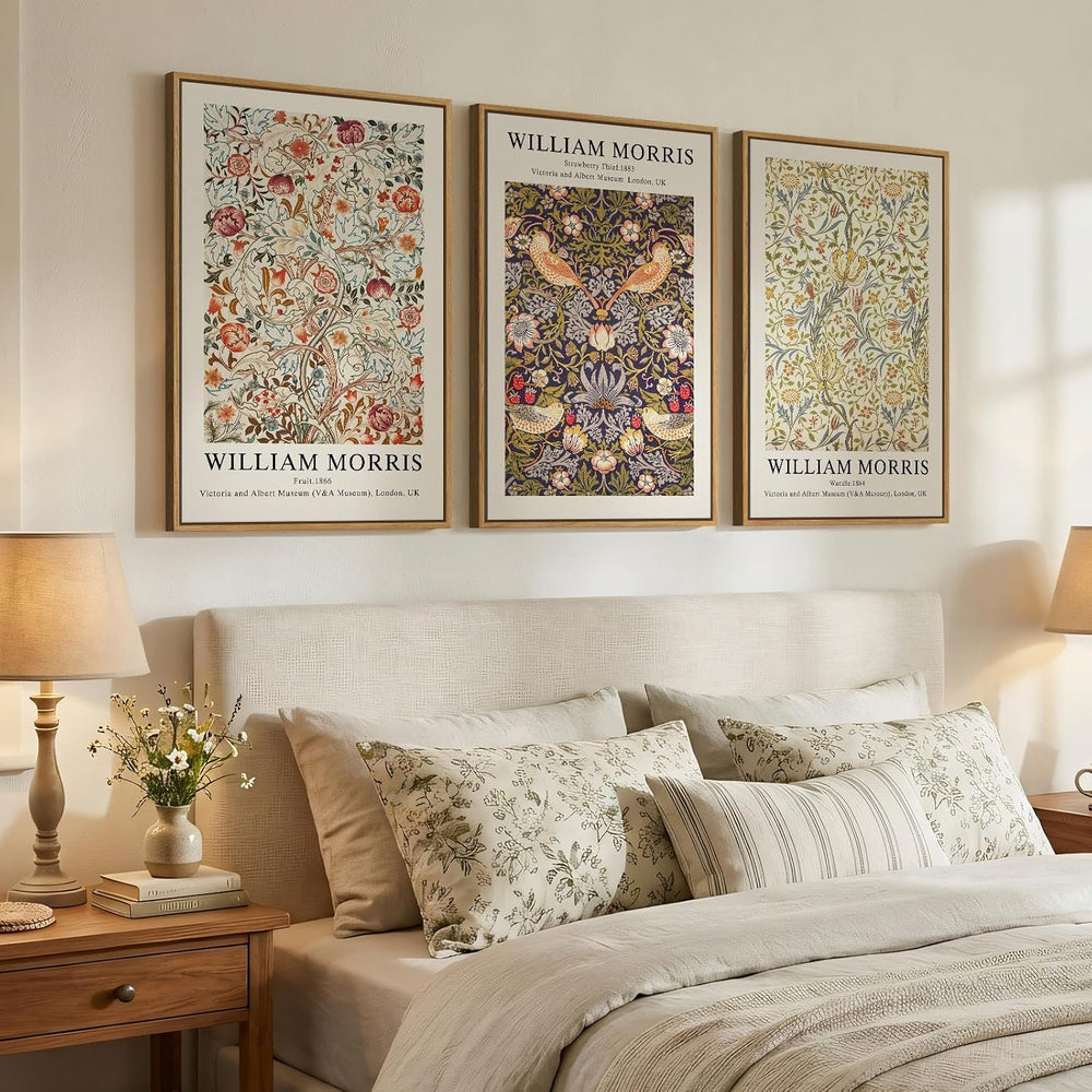 Large Framed William Morris Strawberry Thief Canvas Wall Art, Set of 3