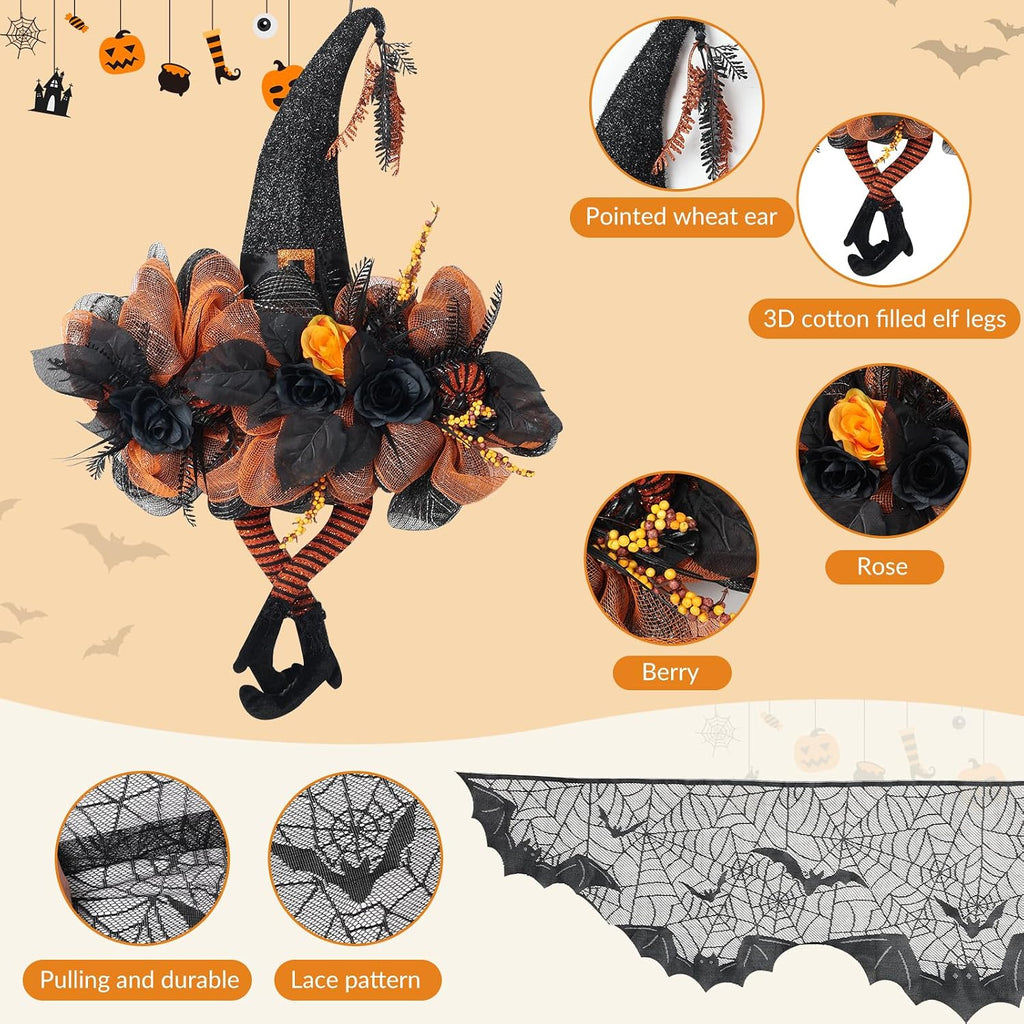 Halloween Wreath for Front Door, Witch Hat & Spiderweb Mantel Scarf Set