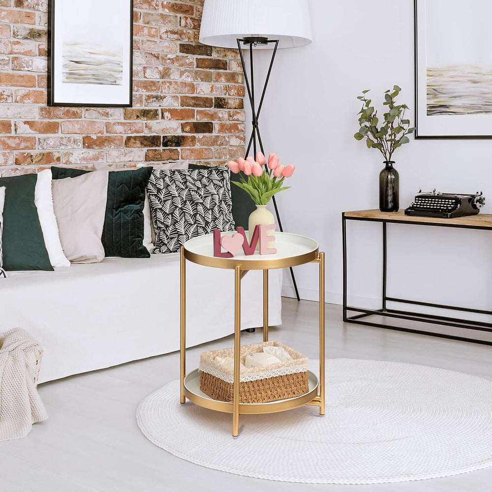 TeoKJ 2 Tier Gold Side Table, Folding Round Metal End Table Small Nightstand ...