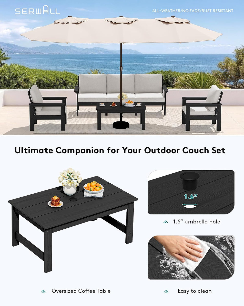 SERWALL HDPE Patio Coffee Table for Balcony, Deck, Black