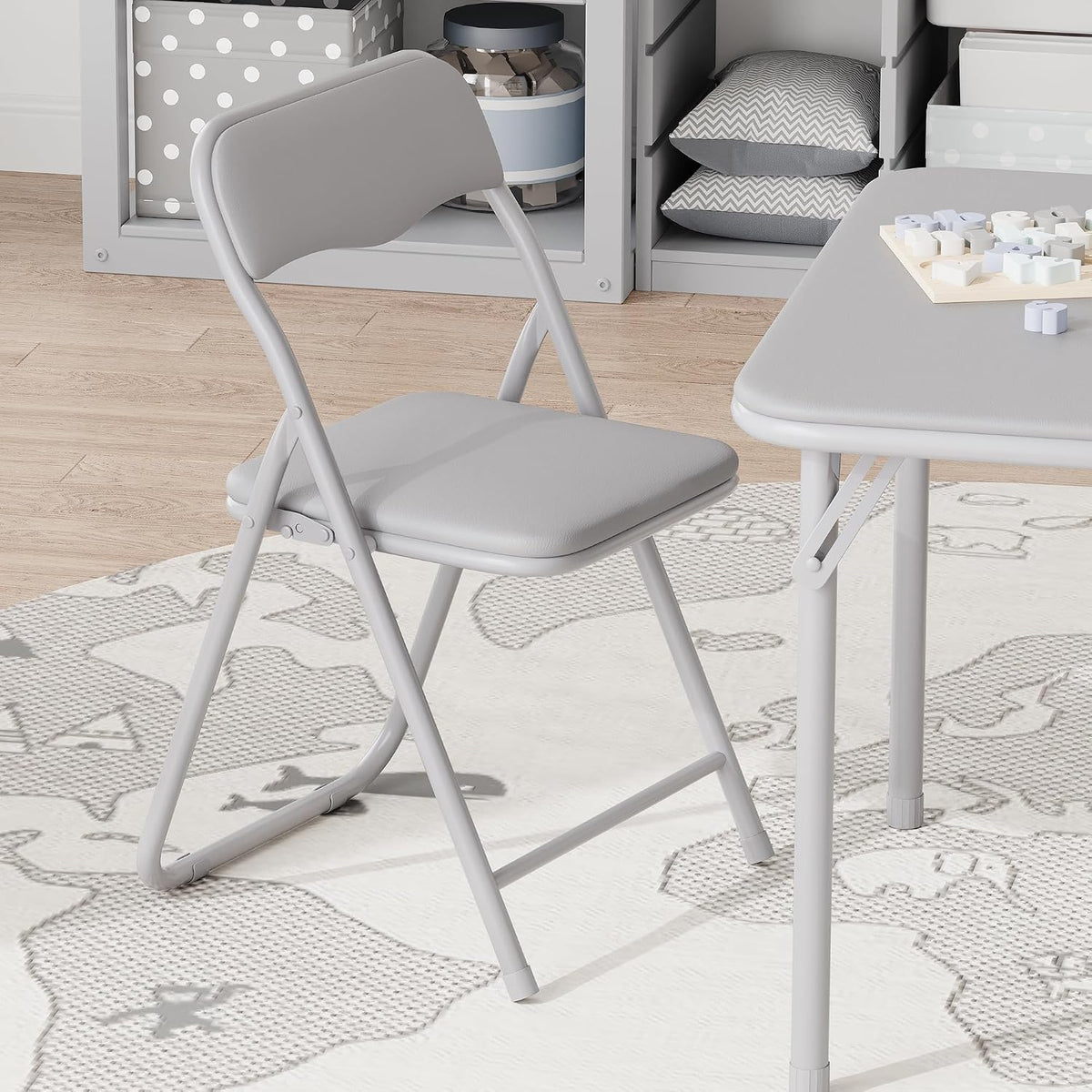 IDEALHOUSE Boys and Girls Folding Table and Chairs Set of 3, Portable Table and Chair with Pu Soft Cushion,Suitable for Eating,Reading and Playing (Grey)