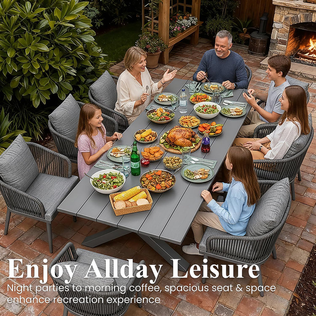 layinsun 11 pieces outdoor patio dining set, aluminium shown in use