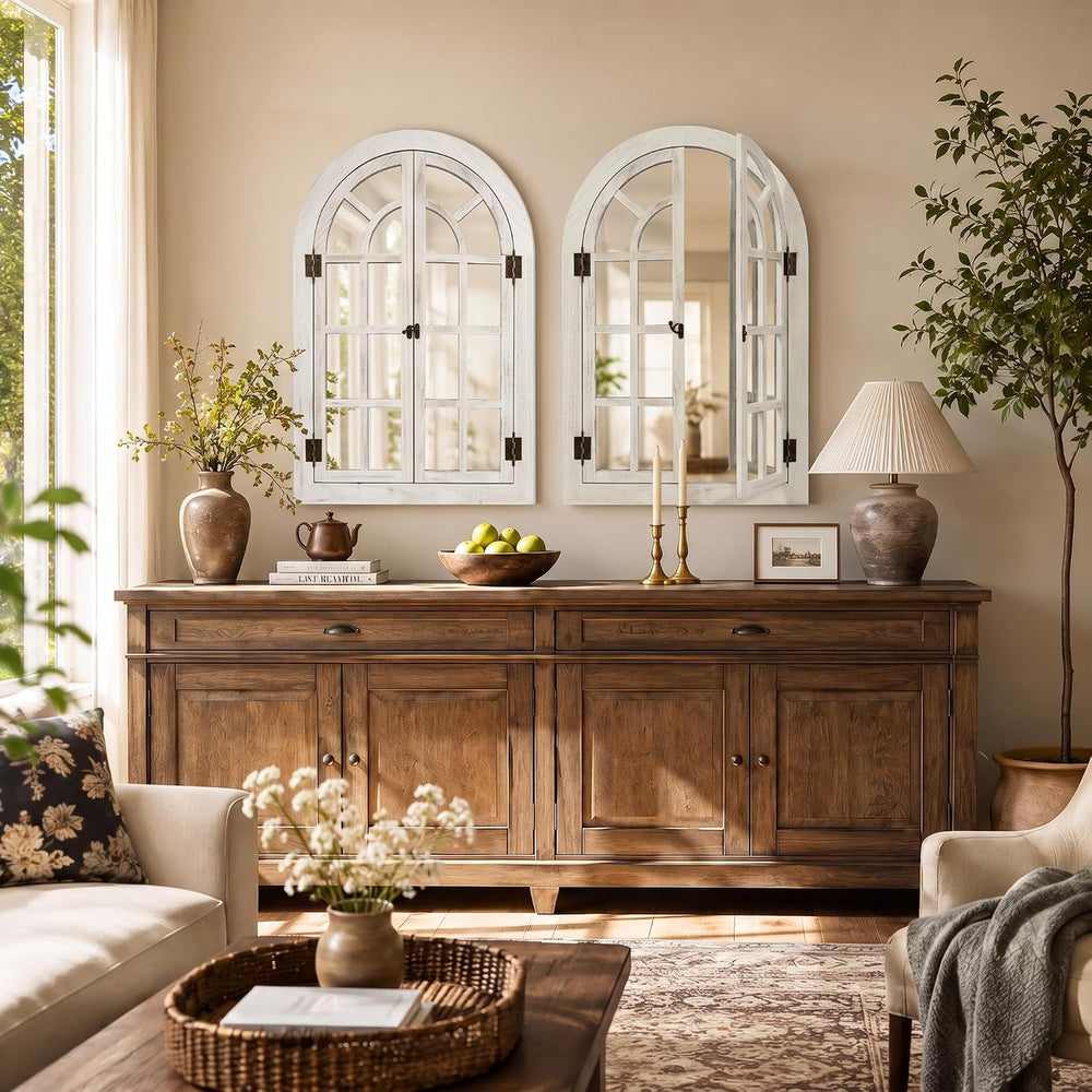 Dorlicecass White Arched Wall Decor Window Mirror 24"x36" Single
