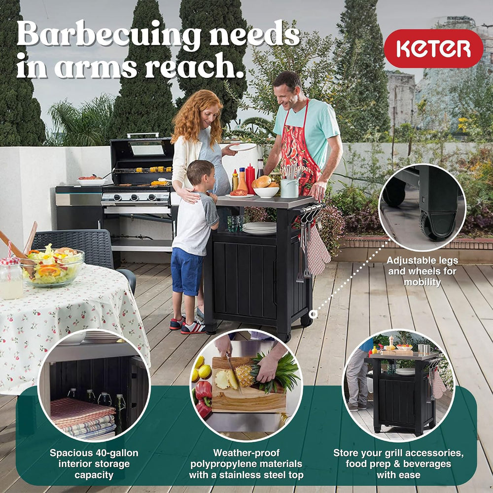 Keter Unity Small 40 Gallon Grill Prep Table and Storage Cart, Grey – BBQ Sta...