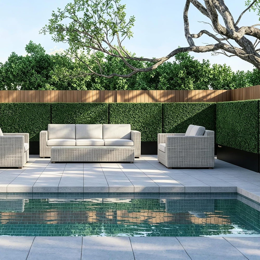 Artificial Boxwood Hedge Wall with Black Steel Planter Box