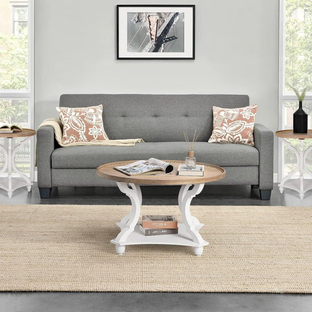 Wnutrees Farmhouse Round Coffee Table, Wood Tray Top with Storage Shelf