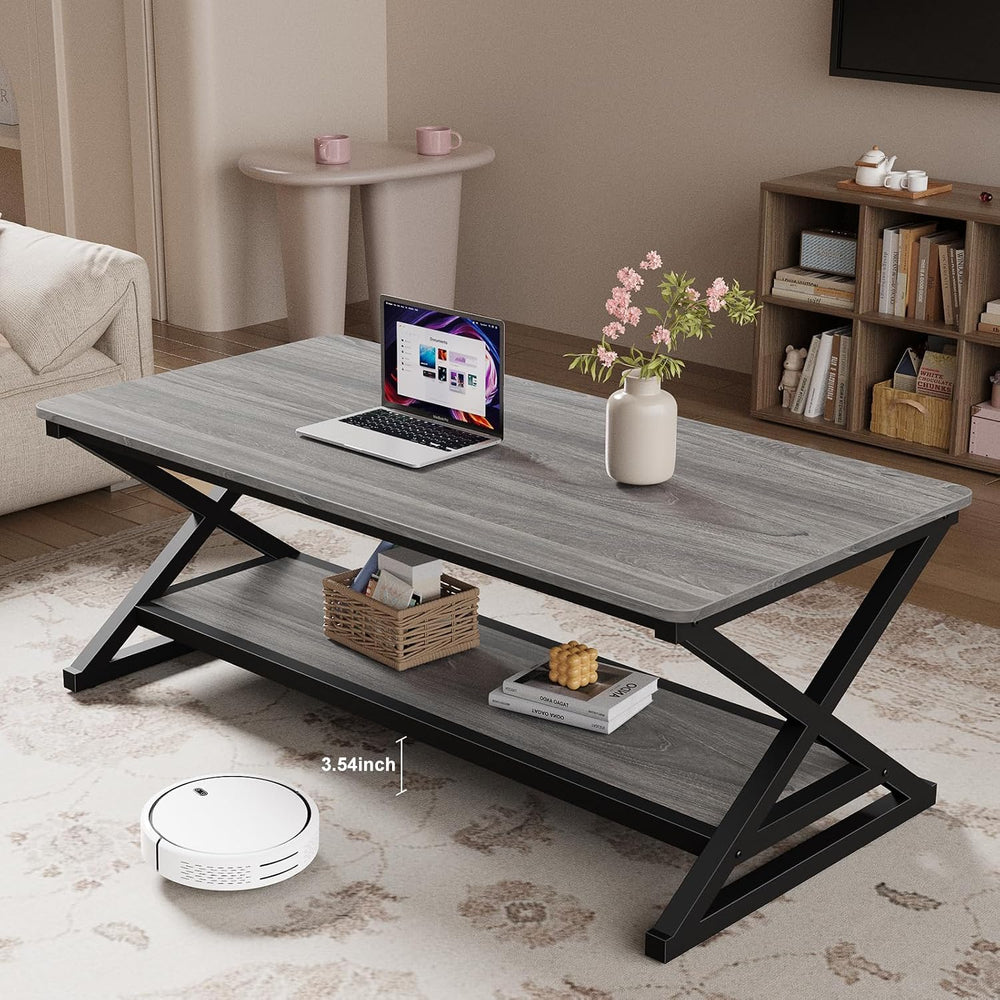 47" Coffee Table for Living Room, 2-Tier Rectangle, Grey Oak