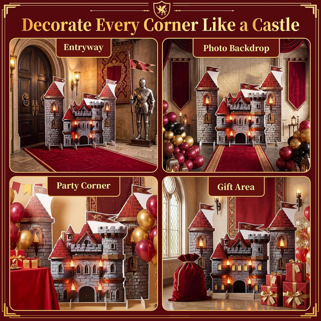 Novabright 3 Pcs Medieval Castle Backdrop Stand with Bases, Large Stone Knight and Castle Party Decorations, Freestanding Corrugated Plastic Photo Booth Props for Birthday Halloween Dragon Party
