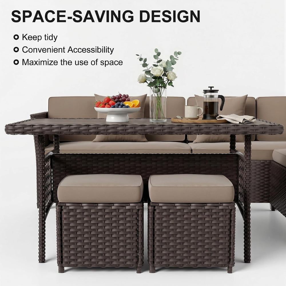7 Pieces Patio Furniture Set, Patio Sectional with Dining Table & Ottoman