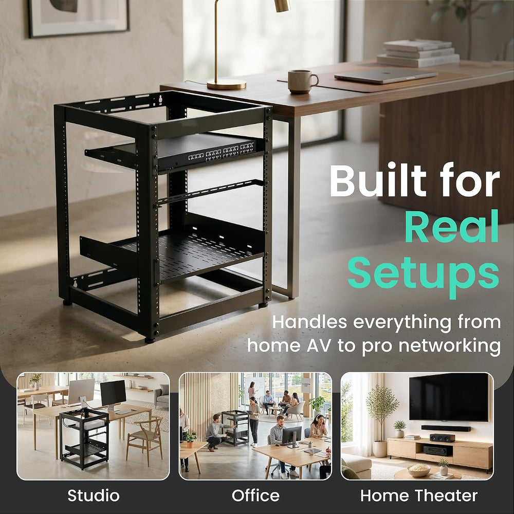 ynVISION.DESIGN 15U Open Frame AV Rack with 1U and 2U Shelves, Lacer Bar