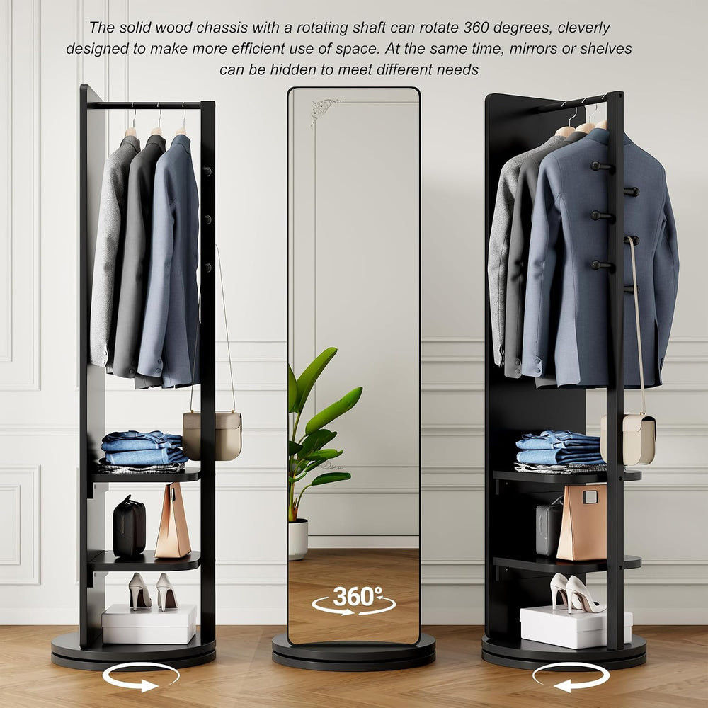 66" 360° Rotating Full Length Mirror with Hooks & Storage Coat Rack
