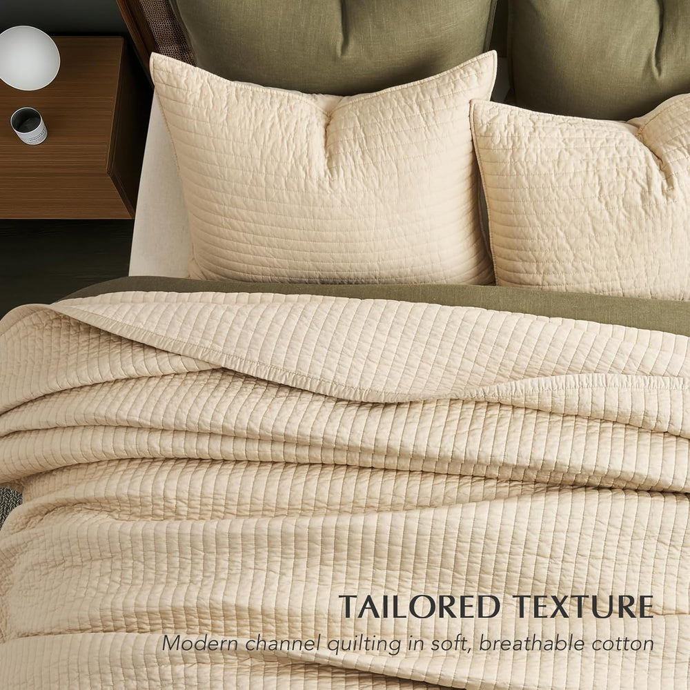 EVERGRACEHOME Cotton Sateen Quilt Set, King Size, Light Sand