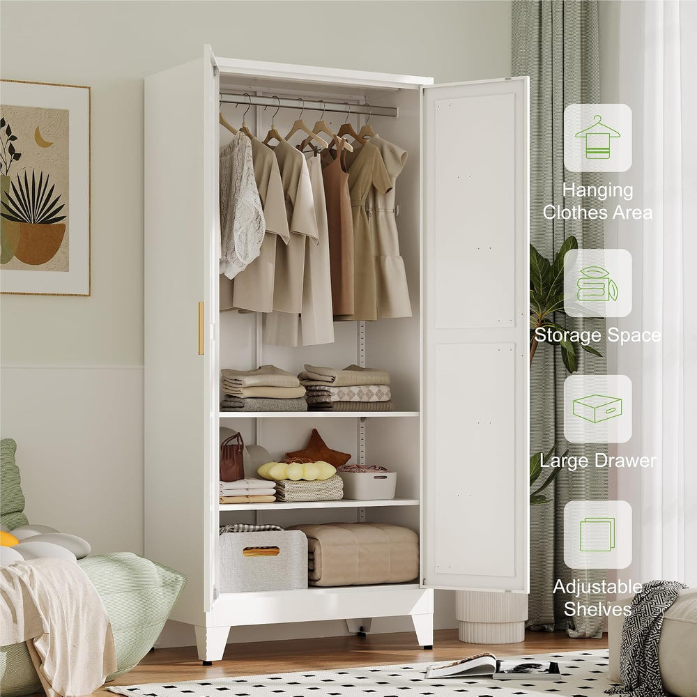 Baborokic Metal Armoire Wardrobe Closet with Hanging Rod,71H Metal Cabinet wi...