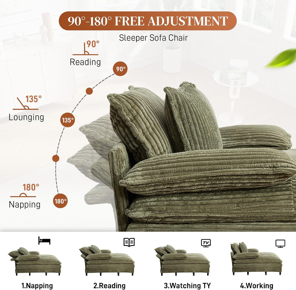 Rophefx 54" Oversized Chaise Lounge, Adjustable Corduroy Sofa Bed,Green