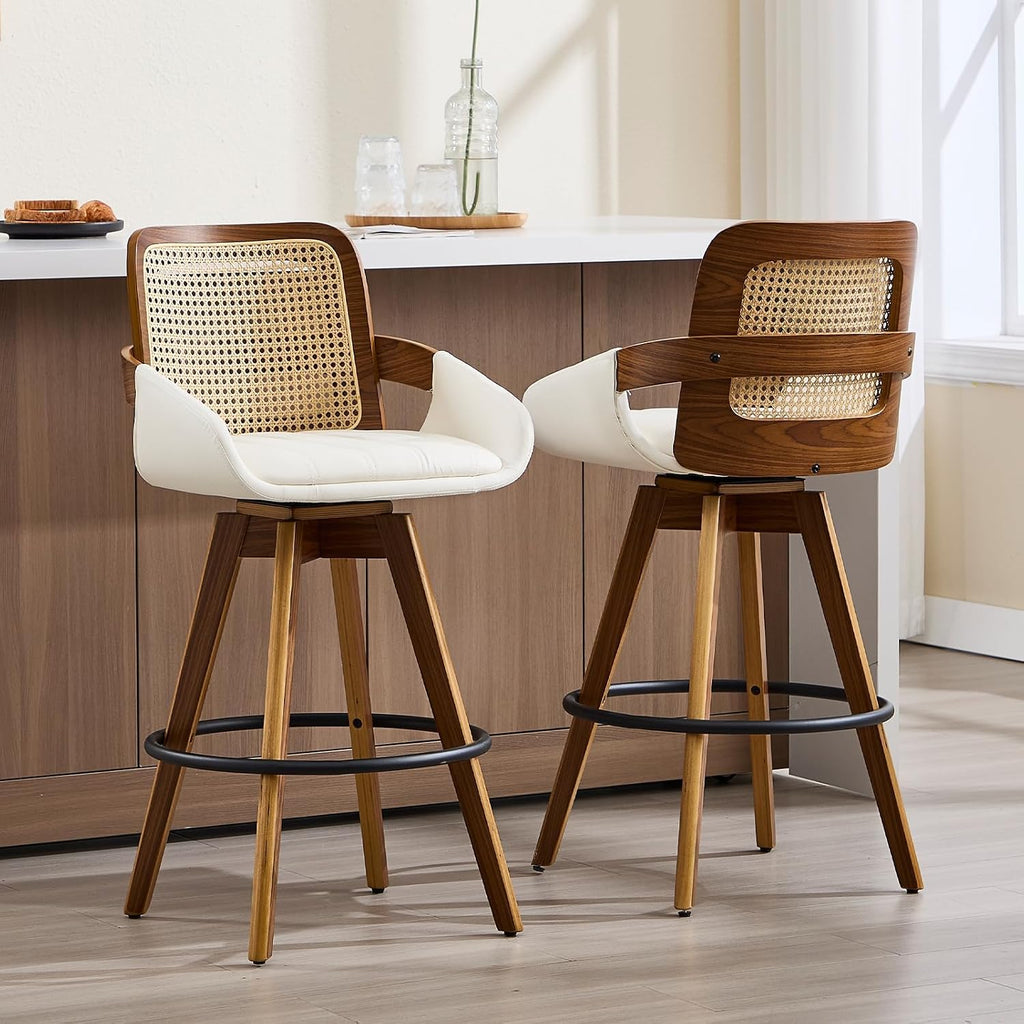 VipDesk 26" Swivel Counter Stools Set of 2 with Rattan Back, Cream