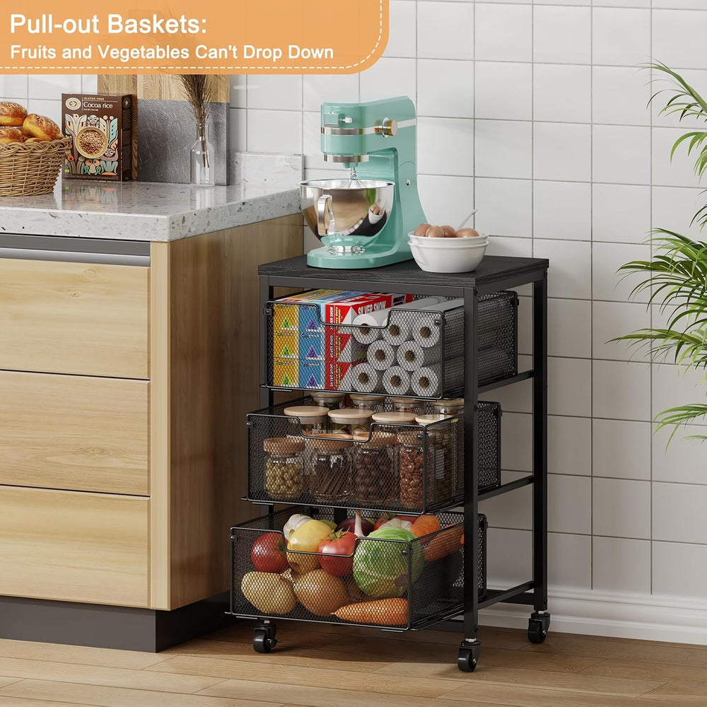 Pantry Organizer and Storage Cart, 3-Tier Kitchen Storage Cart with Drawer, F...