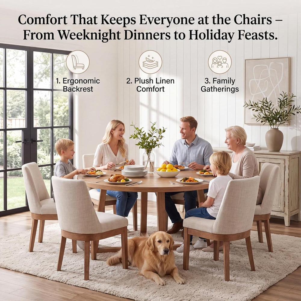 HNY Beige Linen Fabric Dining Chairs Set of 2 with Comfortable Back Support