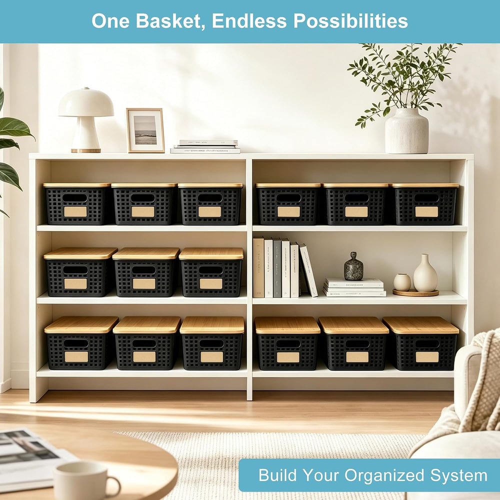 Bagnizer Small Plastic Storage Bins with Bamboo Lids 5.2qt Stackable Box Bask...