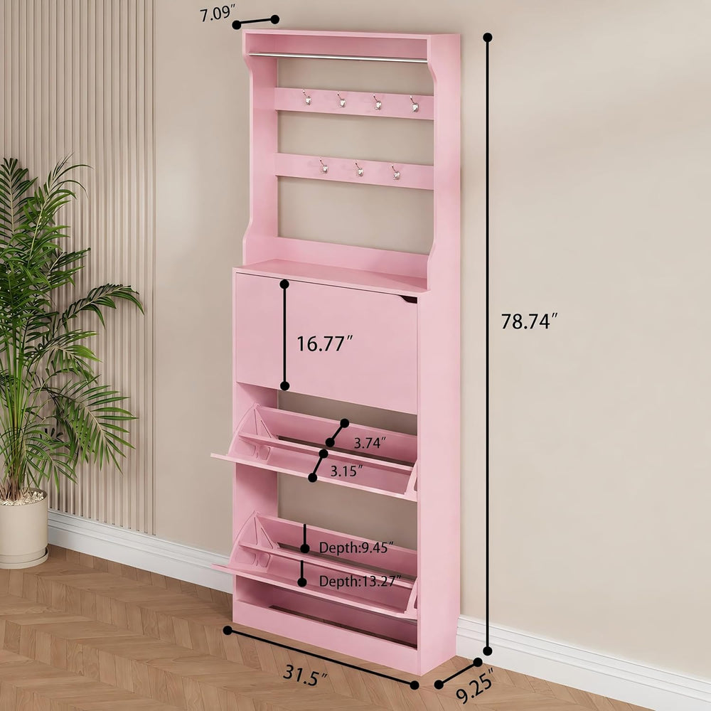 Pink Hidden Shoe Cabinet with 3 Flip Drawers & Coat Rack, Entryway
