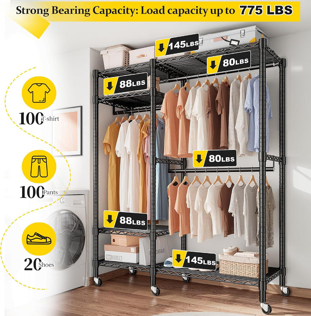 Raybee Clothes Rack with Wheels, Heavy Duty Loads 780LBS, Space-Saving
