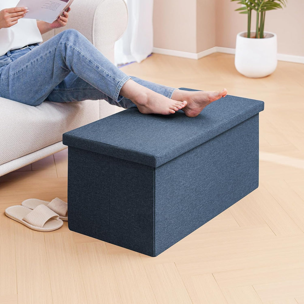 PINPLUS Folding Storage Ottoman Bench with Tray, Dark Blue