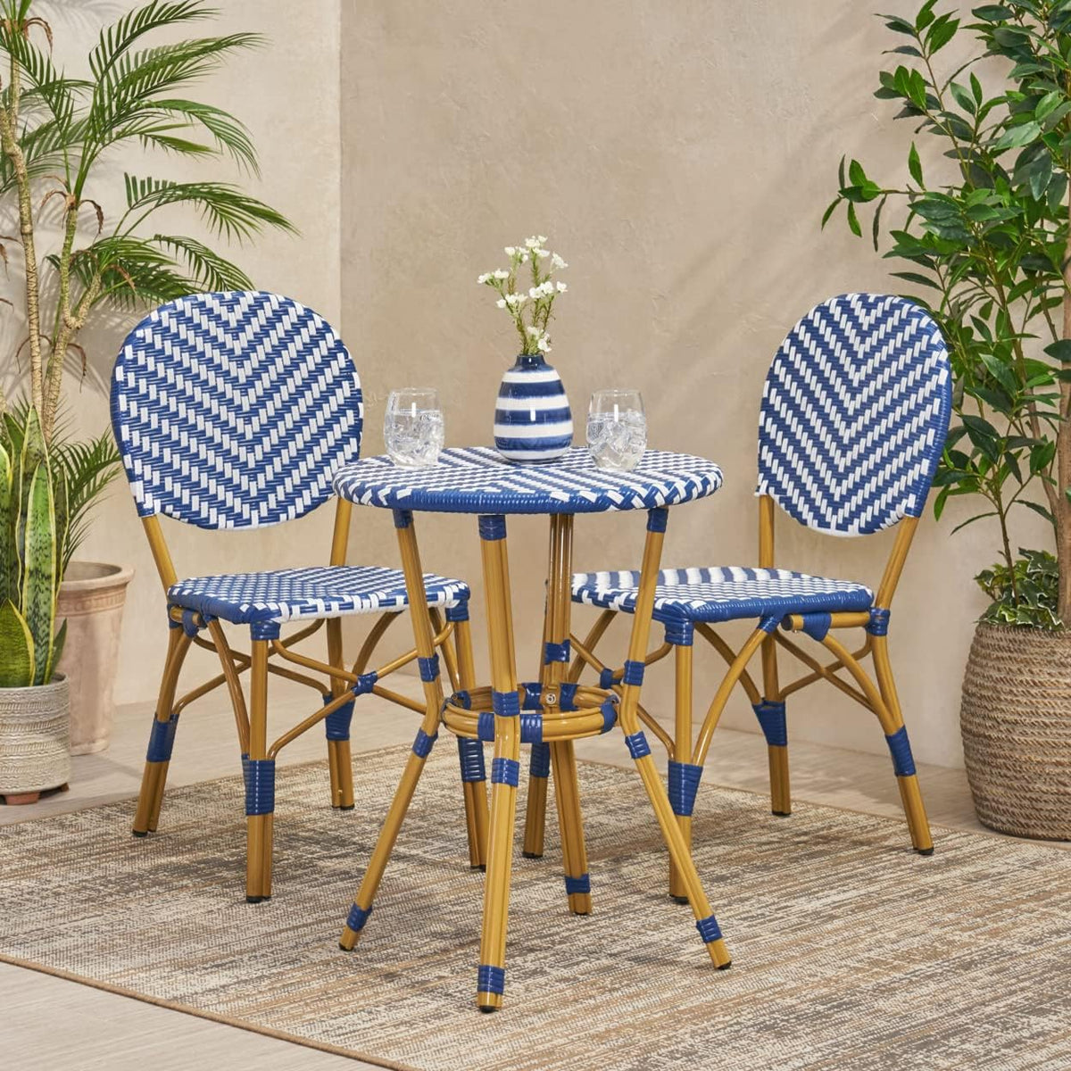 christopher knight home picardy bistro set, navy blue shown in use