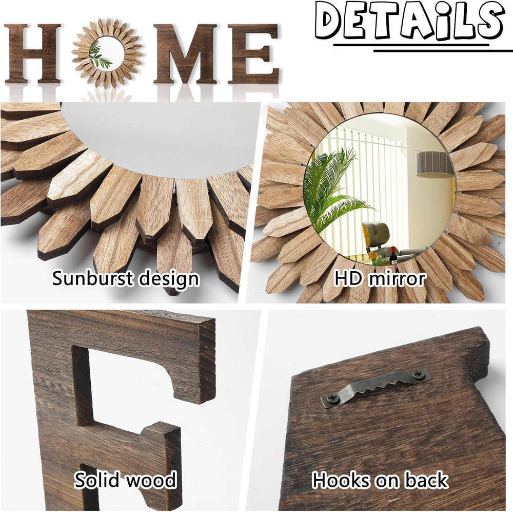 CHIF HAUTH Wood Home Sign with Sunflower Shaped Wood Mirror