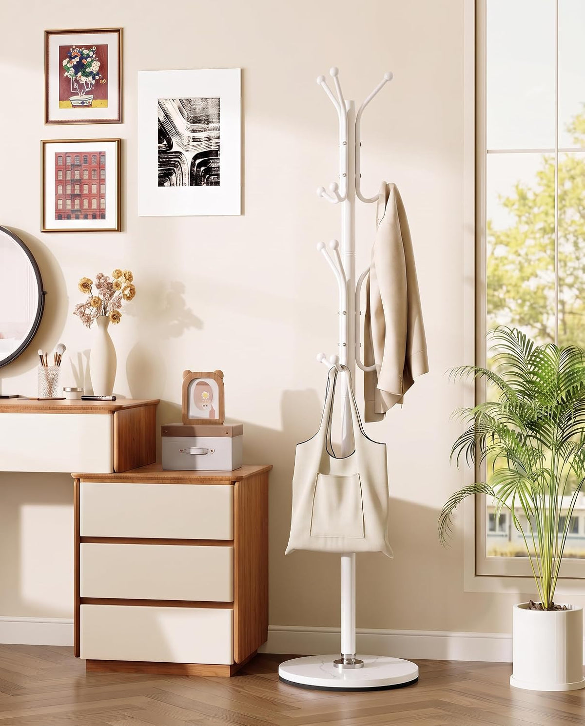 Coat Rack with 12 Hooks, Freestanding Coat Tree with Sintered Stone Base, Sturdy Metal Coat Stand for Hats, Purses & Jackets, Ideal for Entryway, Bedroom, Office & Closet, 11.4" x 11.4" x 68.1", White