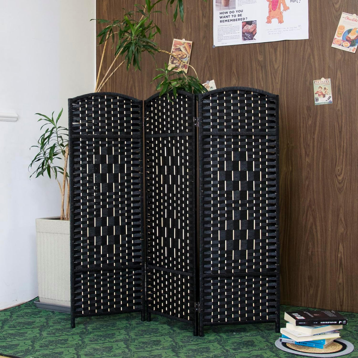 Furnnylane 3 Panel Black Rattan Room Divider for Room Separation, 47.2" Low Height Double Sided Folding Privacy Screen, Freestanding Partition Screen for Home Office - 3.95 ft Tall
